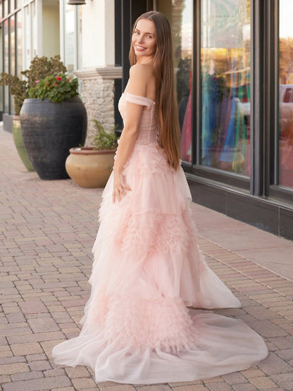 Sevoba|Blush Princess A line Off Shoulder Ruffled Tulle Prom Dress