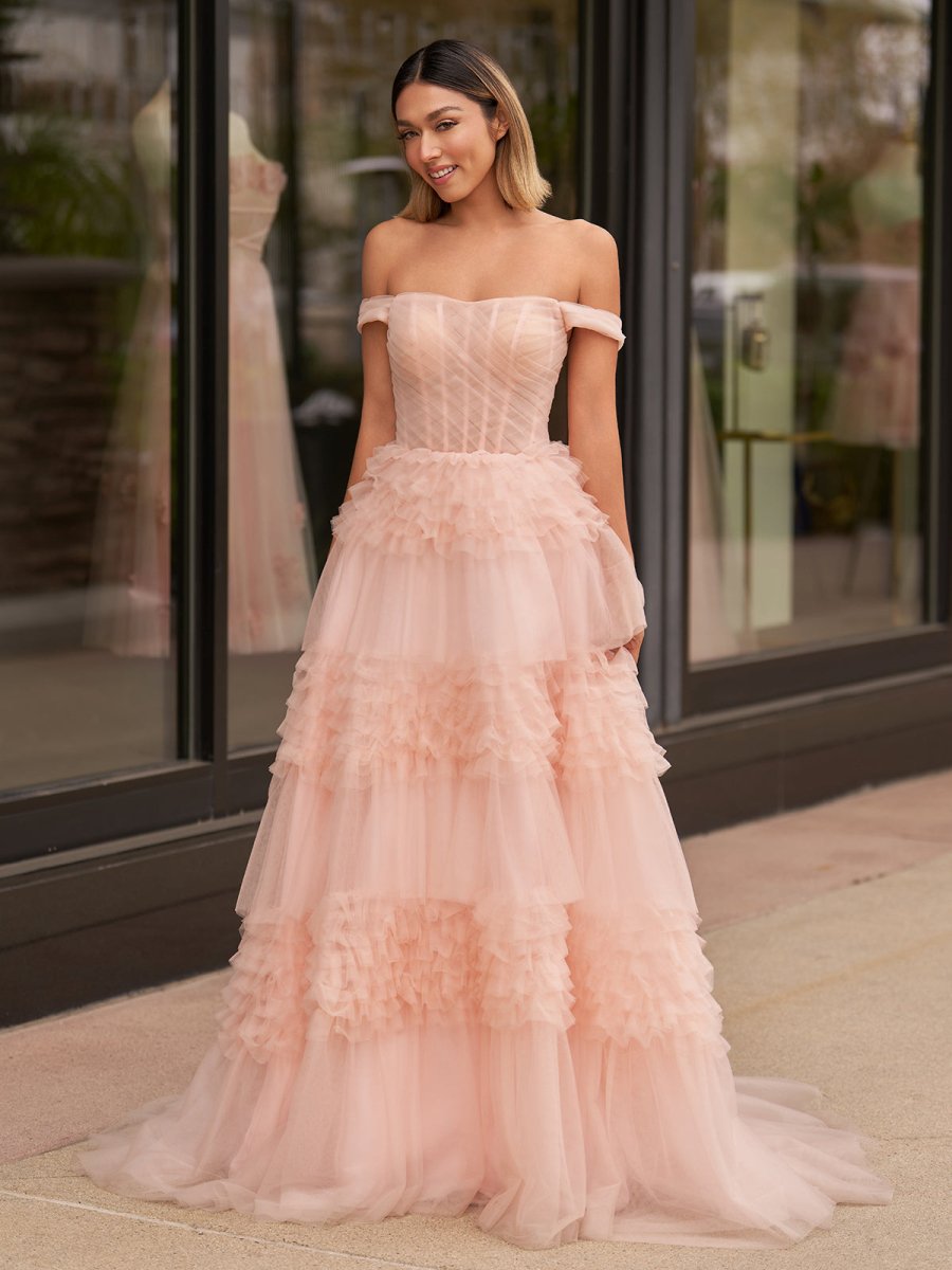 Sevoba|Blush Princess A line Off Shoulder Ruffled Tulle Prom Dress