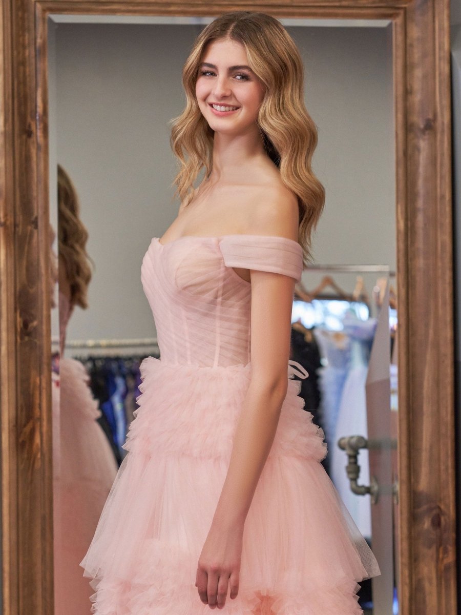 Sevoba|Blush Princess A line Off Shoulder Ruffled Tulle Prom Dress