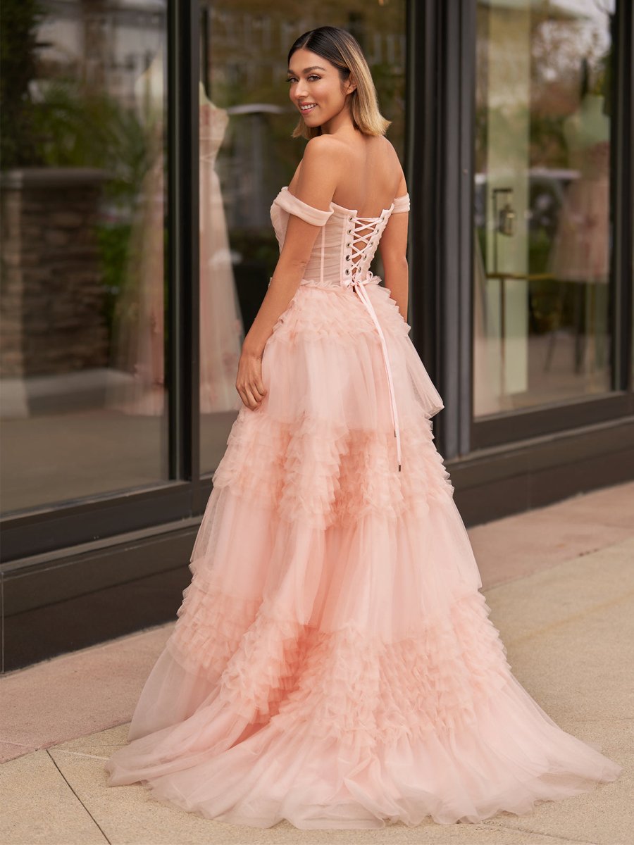 Sevoba|Blush Princess A line Off Shoulder Ruffled Tulle Prom Dress
