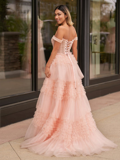 Sevoba|Blush Princess A line Off Shoulder Ruffled Tulle Prom Dress