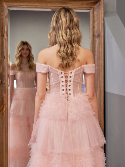 Sevoba|Blush Princess A line Off Shoulder Ruffled Tulle Prom Dress