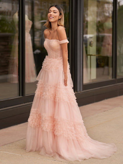 Sevoba|Blush Princess A line Off Shoulder Ruffled Tulle Prom Dress
