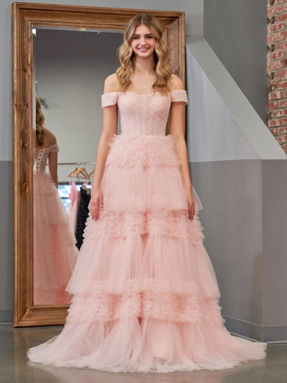 Sevoba|Blush Princess A line Off Shoulder Ruffled Tulle Prom Dress