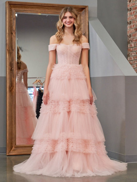 Sevoba|Blush Princess A line Off Shoulder Ruffled Tulle Prom Dress