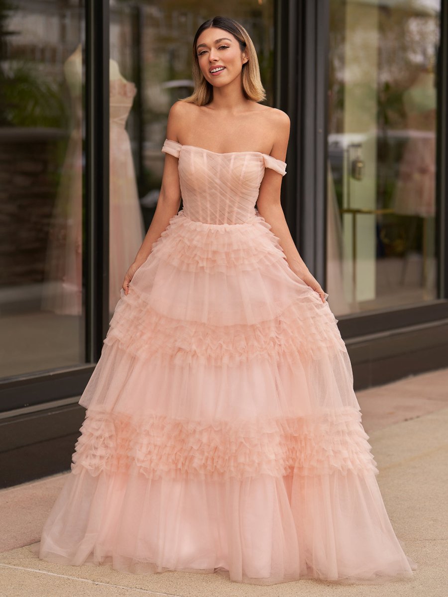 Sevoba|Blush Princess A line Off Shoulder Ruffled Tulle Prom Dress
