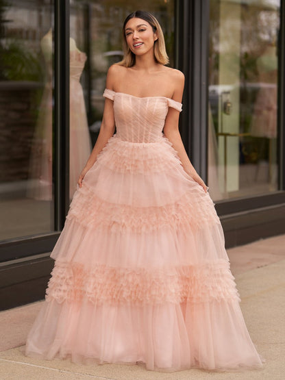 Sevoba|Blush Princess A line Off Shoulder Ruffled Tulle Prom Dress