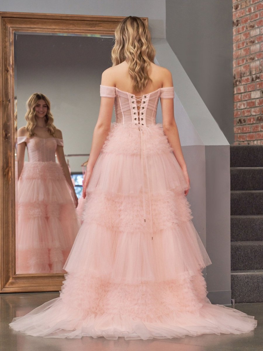 Sevoba|Blush Princess A line Off Shoulder Ruffled Tulle Prom Dress