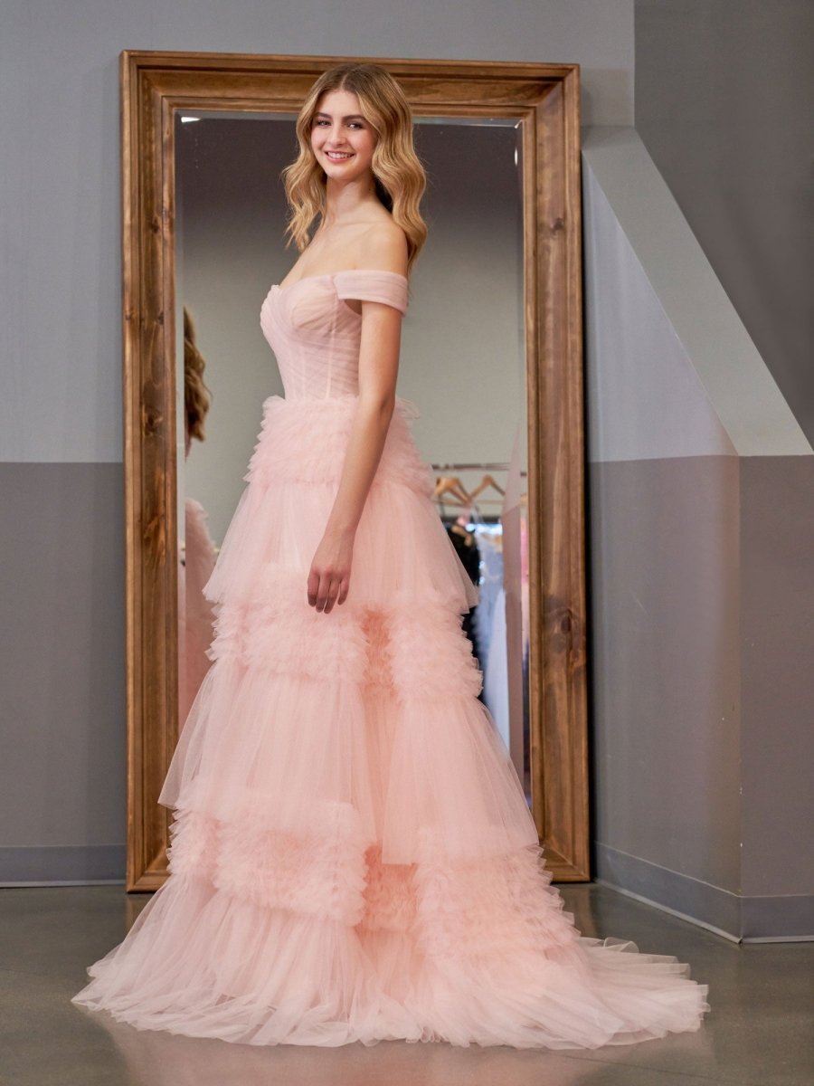 Sevoba|Blush Princess A line Off Shoulder Ruffled Tulle Prom Dress
